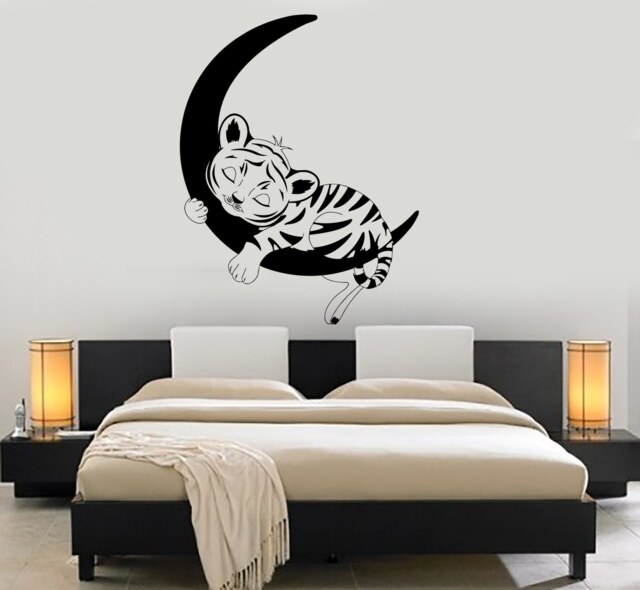 Wall Vinyl Decal Cub Sleeping On The Moon Tiger Kids Cute Children Nursery Decor 1463Dz - image 1