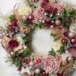 Pink Christmas Wreath, Winter Flower Floral Door Pink Wreath For - thumbnail 2