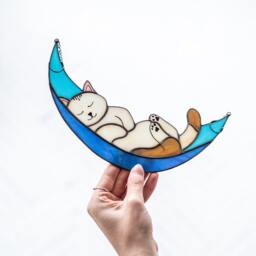 Cat in Moon Stained Glass Suncather. Kitchen Decor, Funny Wall Sun Catcher, Nursery Window Hangings, Mother's Gift, Christmas Gift - thumbnail 2