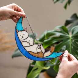 Cat in Moon Stained Glass Suncather. Kitchen Decor, Funny Wall Sun Catcher, Nursery Window Hangings, Mother's Gift, Christmas Gift - thumbnail 3