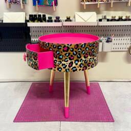Hot Pink Magenta Leopard Round Bedside Table . Fun Bright Home Decor Ideal For Nightstand Or Side Table. Cheetah Print Gold Leaf Design - thumbnail 2