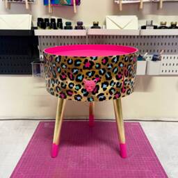 Hot Pink Magenta Leopard Round Bedside Table . Fun Bright Home Decor Ideal For Nightstand Or Side Table. Cheetah Print Gold Leaf Design