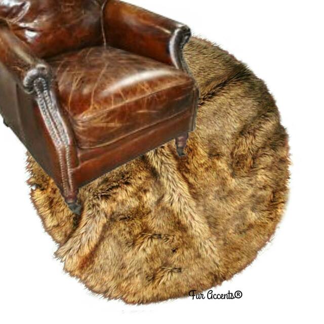 Handmade Faux Fur Round Rug - Golden Brown Wolf, Non-Slip - image 1