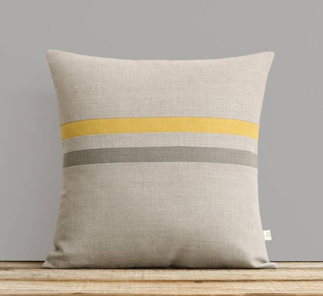 Squash & Stone Gray Striped Linen Pillow Cover - Fall Home Decor By Jillianrenedecor Yellow Grey Pillows, Ochre - 16x16 Or 12x20 - image 1