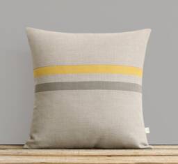Squash & Stone Gray Striped Linen Pillow Cover - Fall Home Decor By Jillianrenedecor Yellow Grey Pillows, Ochre - 16x16 Or 12x20 - thumbnail 1