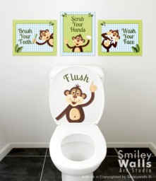 Kids Bathroom Wall Art, Monkeys Prints Stickers, Decal For Decor, Door Sign - thumbnail 1