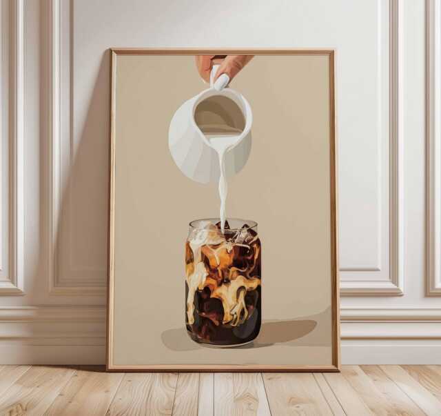 Iced Coffee Poster, Cold Brew Wall Art, With Cream Print, Kitchen Cafe Decor, Neutral Modern Bar Artwork - image 1