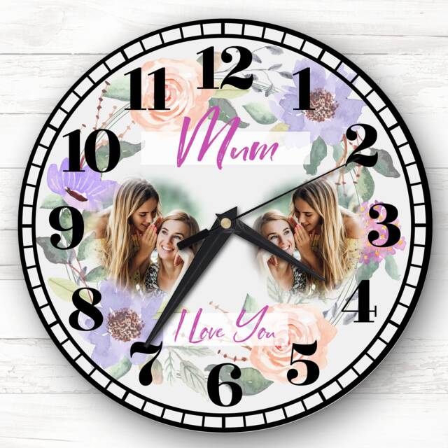 Mum I Love You Photo Flowers Pale Grey Personalised Gift Clock - image 1