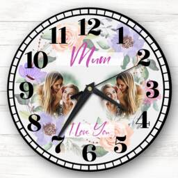 Mum I Love You Photo Flowers Pale Grey Personalised Gift Clock