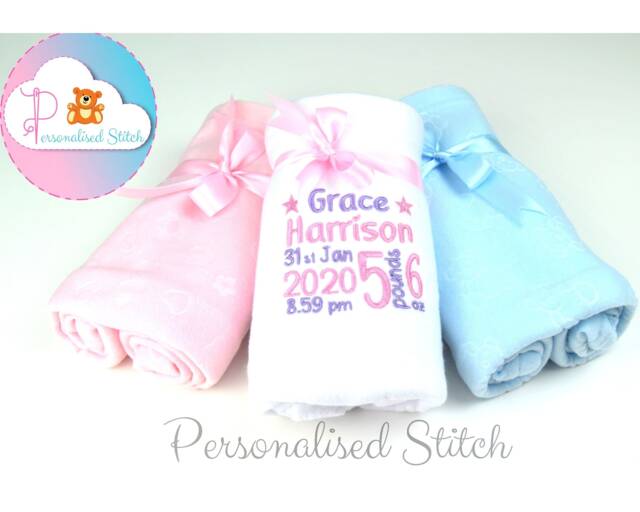 Personalised Baby Fleece Blanket - Embroidered Knit Name Customised New Born Gift Girl & Boy Pink Grey Blue Cot - image 1
