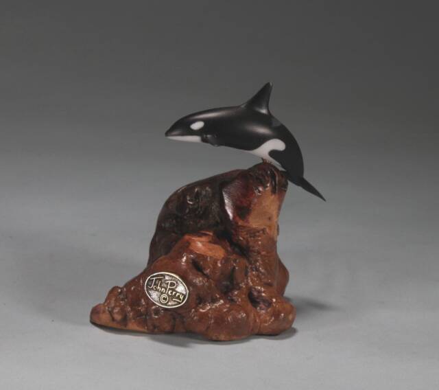 Orca Sculpture By John Perry 4In Long Down Tail Version On Burlwood Statue Figurine - image 1