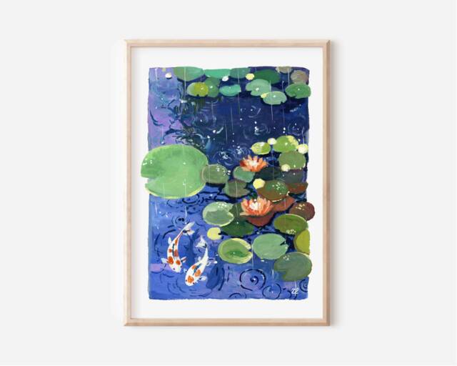 Water Lilies in Rain Art Print Zen Koi Fish Pond - Nature Wall - image 1