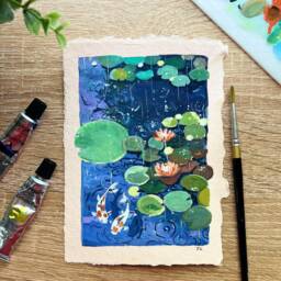 Water Lilies in Rain Art Print Zen Koi Fish Pond - Nature Wall - thumbnail 2