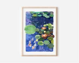 Water Lilies in Rain Art Print Zen Koi Fish Pond - Nature Wall - thumbnail 1