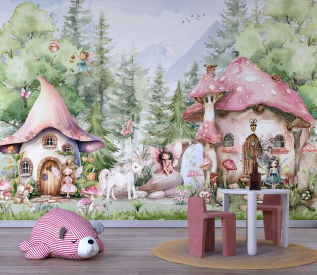 Wall Mural Magical Fairy House Whimsical Forest Wallpaper Fairytale Girls Nursery Woodland Watercolor Trees Animals Peel & Stick Einhorn - image 1