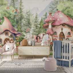 Wall Mural Magical Fairy House Whimsical Forest Wallpaper Fairytale Girls Nursery Woodland Watercolor Trees Animals Peel & Stick Einhorn - thumbnail 2