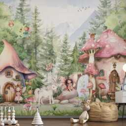 Wall Mural Magical Fairy House Whimsical Forest Wallpaper Fairytale Girls Nursery Woodland Watercolor Trees Animals Peel & Stick Einhorn - thumbnail 3