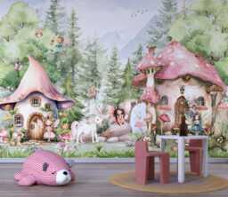 Wall Mural Magical Fairy House Whimsical Forest Wallpaper Fairytale Girls Nursery Woodland Watercolor Trees Animals Peel & Stick Einhorn - thumbnail 1