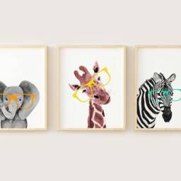 Safari Animal Nursery Prints, Watercolor Giraffe, Elephant, Zebra Set - thumbnail 2