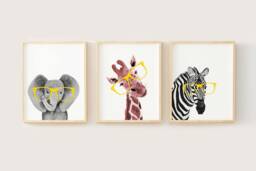 Safari Animal Nursery Prints, Watercolor Giraffe, Elephant, Zebra Set - thumbnail 1