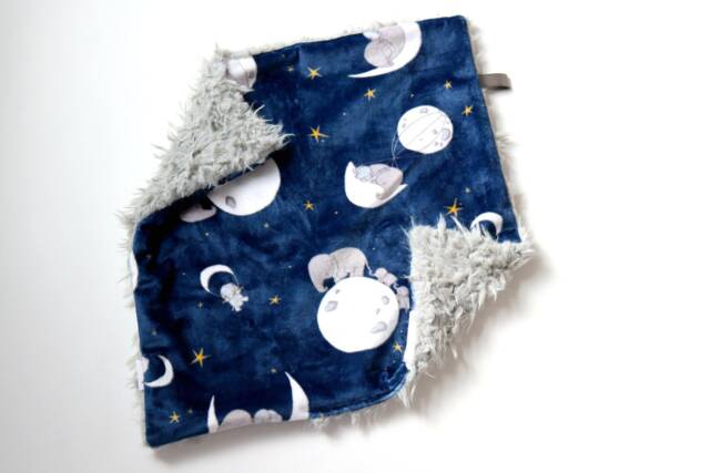 Dream Lovie. Security Blanket. Personalized Lovey. Faux Fur Elephant Moons Navy. Mini Baby Minky Shower Gift - image 1