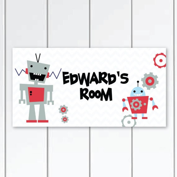 Personalized Robot Boys Nursery Door Sign Plaque With Grey Chevron Background, Children Wall Decor - image 1