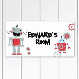 Personalized Robot Boys Nursery Door Sign Plaque With Grey Chevron Background, Children Wall Decor - thumbnail 1