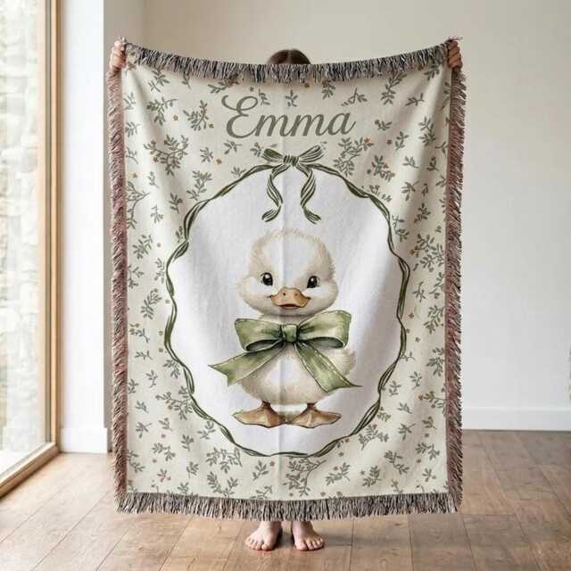 Custom Duckling Woven Blanket, Personalized Baby Name Throw, Cute Duck Nursery Woodland Decor - image 1
