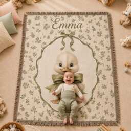 Custom Duckling Woven Blanket, Personalized Baby Name Throw, Cute Duck Nursery Woodland Decor - thumbnail 4