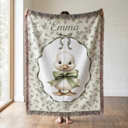 Custom Duckling Woven Blanket, Personalized Baby Name Throw, Cute Duck Nursery Woodland Decor - thumbnail 1