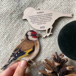 Goldfinch Wooden Spring Decoration - Double Sided Bird Keepsake With The Bird's Symbolic Meaning On Back - thumbnail 2