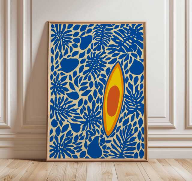 Kayak Wall Art Print, Modern Nautical Poster With Flowers & Fish, Coastal Ocean Inspired Artwork, Bold Blue Yellow Home Decor - image 1