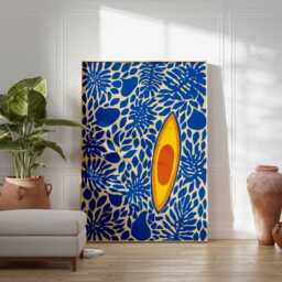 Kayak Wall Art Print, Modern Nautical Poster With Flowers & Fish, Coastal Ocean Inspired Artwork, Bold Blue Yellow Home Decor - thumbnail 2