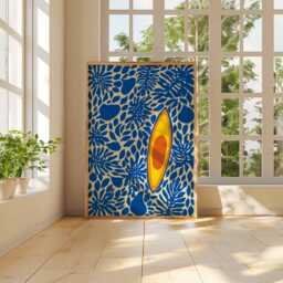 Kayak Wall Art Print, Modern Nautical Poster With Flowers & Fish, Coastal Ocean Inspired Artwork, Bold Blue Yellow Home Decor - thumbnail 3
