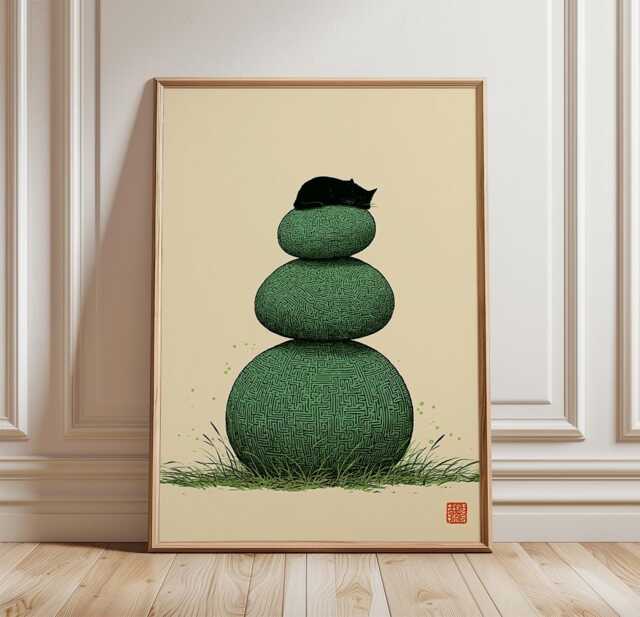 Black Cat Poster, Zen Garden Print, Minimalist Animal Wall Art - image 1