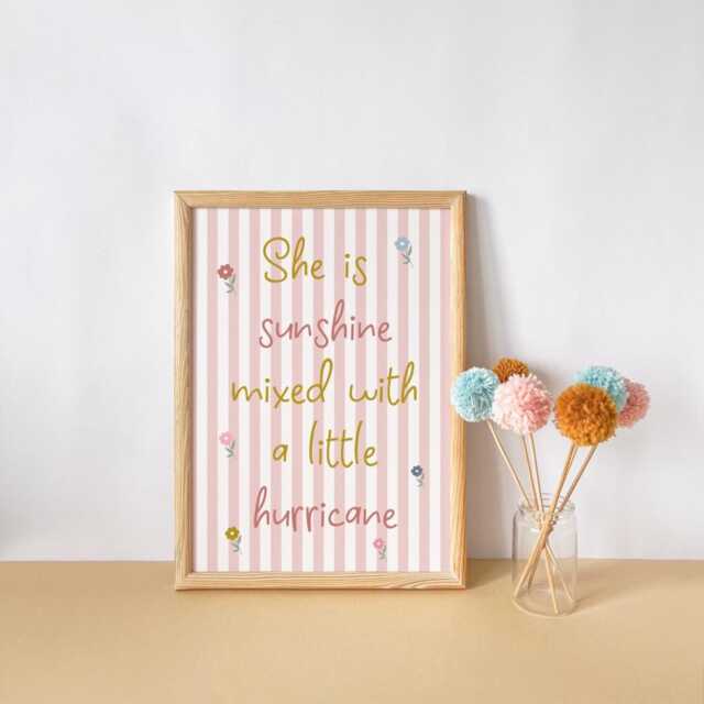 She Is Sunshine Mixed With A Little Hurricane Pink Striped Wall Print For Girls Bedroom, Nursery Or Playroom - image 1