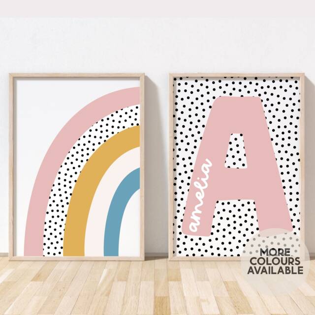 Girls Print Set - Rainbow & Name Bedroom Nursery Playroom Decor Unframed - image 1
