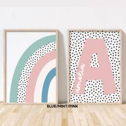 Girls Print Set - Rainbow & Name Bedroom Nursery Playroom Decor Unframed - thumbnail 3