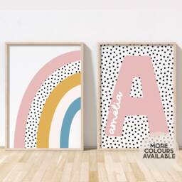 Girls Print Set - Rainbow & Name Bedroom Nursery Playroom Decor Unframed - thumbnail 1