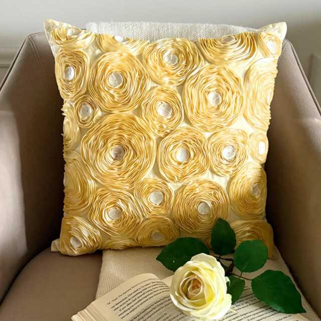 Gold Art Silk Ribbon Embroidered Rose Decorative Throw Pillow Cover, 16x16 Modern Cushion Nature & Floral Pillowcase - Garden - image 1