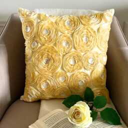 Gold Art Silk Ribbon Embroidered Rose Decorative Throw Pillow Cover, 16x16 Modern Cushion Nature & Floral Pillowcase - Garden - thumbnail 1