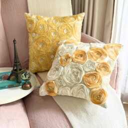 Gold Art Silk Ribbon Embroidered Rose Decorative Throw Pillow Cover, 16x16 Modern Cushion Nature & Floral Pillowcase - Garden - thumbnail 3