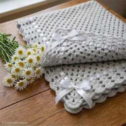Crochet Silver Grey Baby Blanket, Satin Ribbon Detail, Soft Acrylic Yarn - thumbnail 3