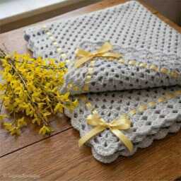 Crochet Silver Grey Baby Blanket, Satin Ribbon Detail, Soft Acrylic Yarn - thumbnail 2