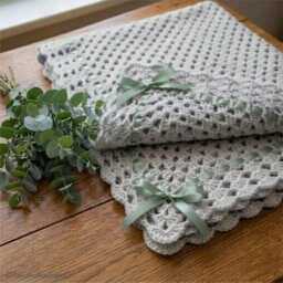 Crochet Baby Blanket in Silver Grey, Satin Ribbon Detail, Soft Acrylic Yarn 3 Sizes, 9 Colours