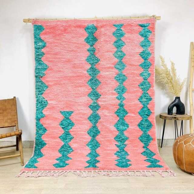 Moroccan Pink Berber Rug, Handwoven Wool Shag Rug With Abstract Geometric Shapes, Authentic Beni Ourain Style Carpet, Large 9x12 Area - image 1