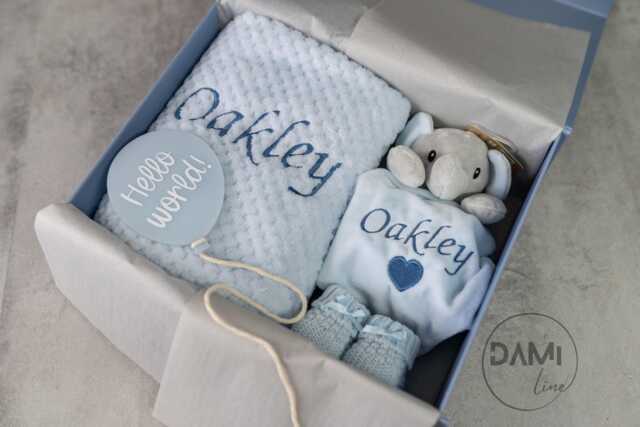 Personalised Baby Boy Gift Set Blue Blanket, Elephant Comforter, Knitted Booties & Acrylic Balloon Plaque -Hello World - image 1