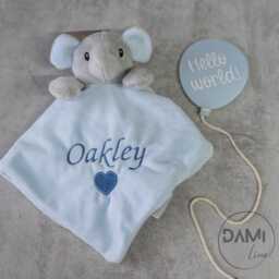 Personalised Baby Boy Gift Set Blue Blanket, Elephant Comforter, Knitted Booties & Acrylic Balloon Plaque -Hello World - thumbnail 4