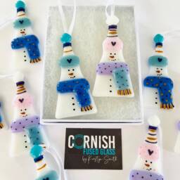 Fused Glass Snowman Decoration - Christmas Decoration, Snowman Cornish - thumbnail 2