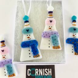 Fused Glass Snowman Decoration - Christmas Decoration, Snowman Cornish - thumbnail 3